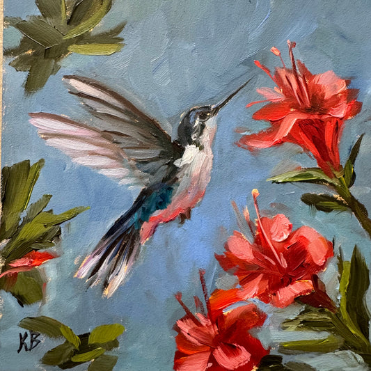Live 08/11 Hummingbird and red flowers original oil painting framed in wooden gold frame 9.5x9.5”