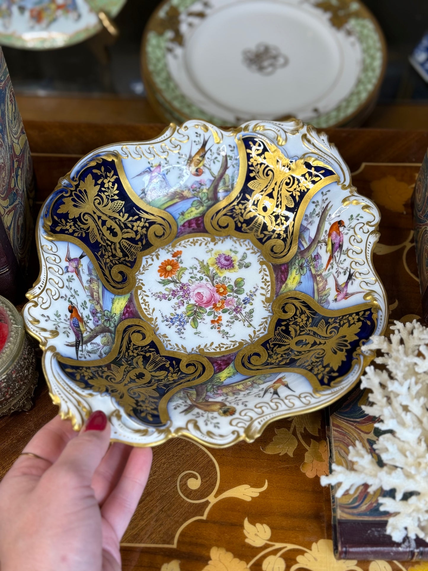 Old Paris (Samson) “Chelsea Bird” Porcelain Bowl – Hand Painted with Cobalt & Raised Gilt, 19th Century, 10 3/4x9.5”