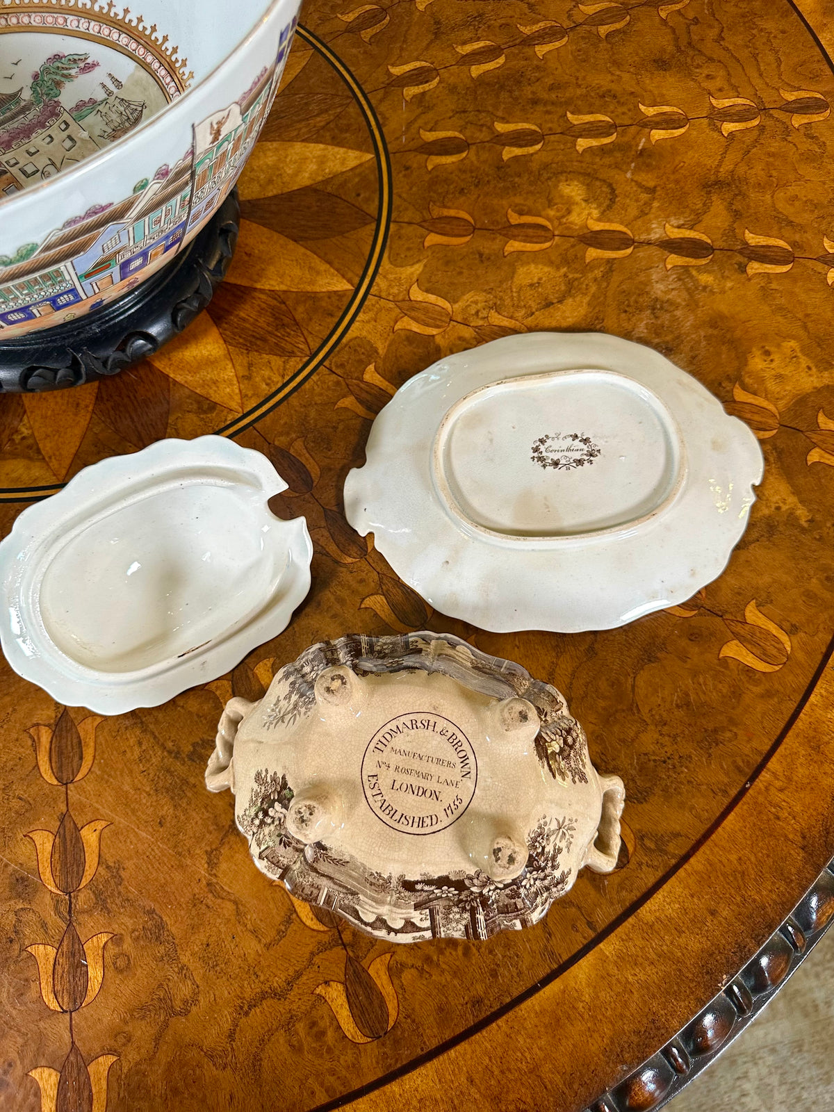 Antique English Corinthian Brown Transferware Pearlware Tureen, Lid & Stand, c. 1830s–1840s