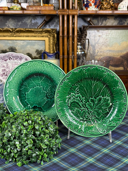 Antique Green Majolica Grape Leaf Plates | Pair | Circa Late 19th Century | 8.5”