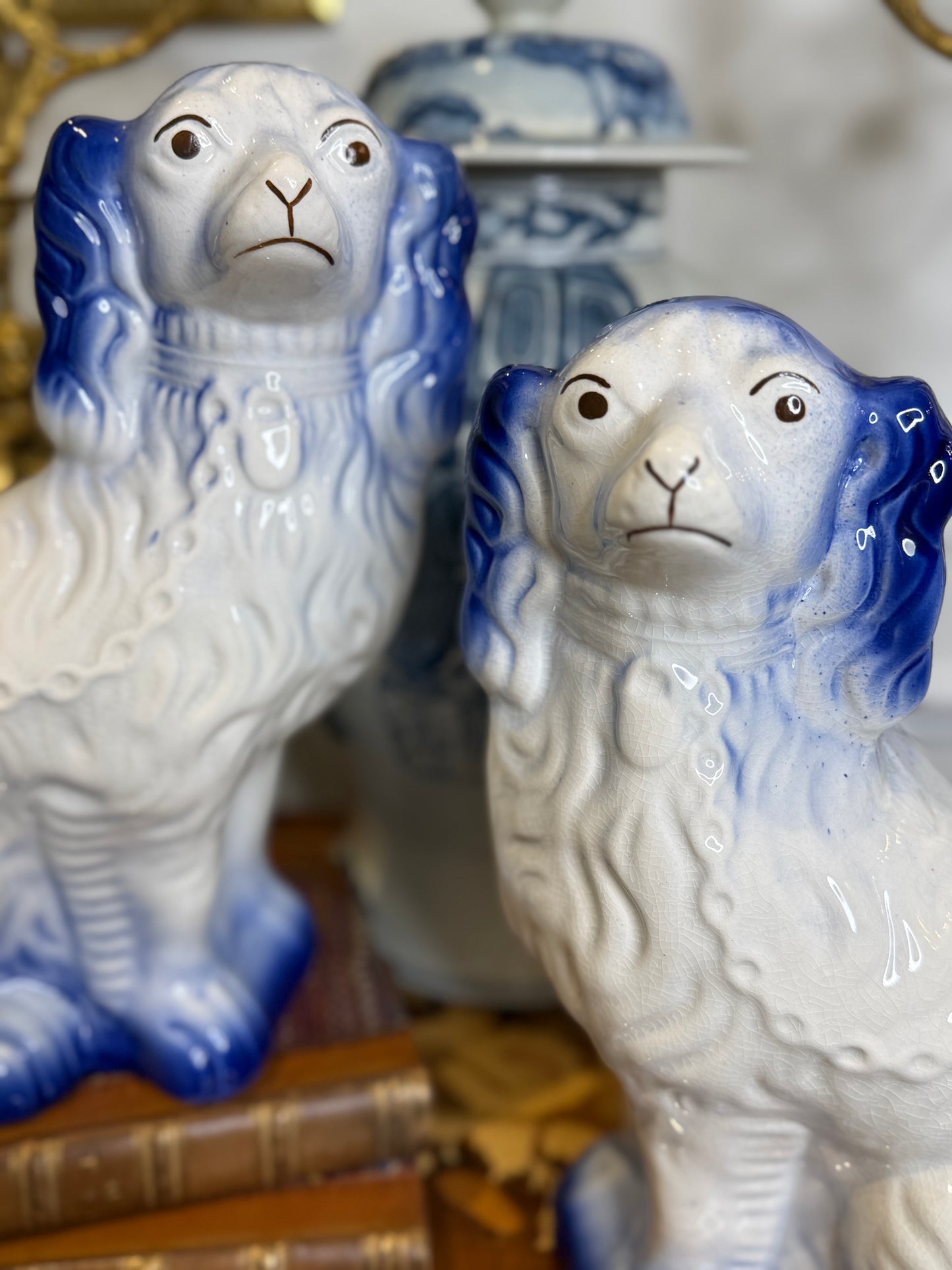 Arthur Wood England Blue & White Staffordshire Spaniel Dog Pair | 12” Tall