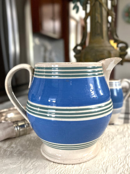 Live 09/15 Antique Tricolor Banded Mochaware Pitcher| 19th c. Blue, Green & Cream Striped Jug