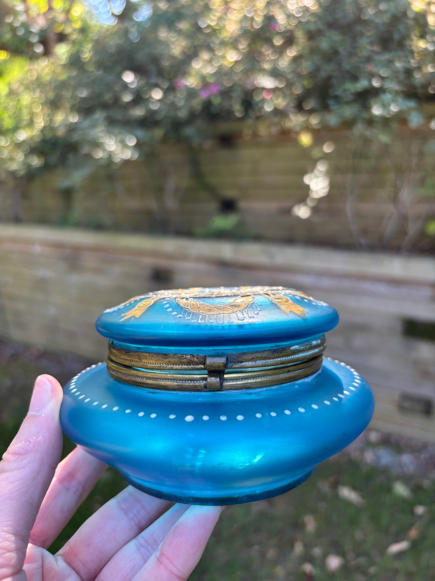 Gorgeous older blue and gold dresser box with handpainted details!