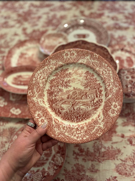 Red & White Transferware Plate Pastoral Scene with Floral Border | English Ironstone, c. late 19th–early 20th century