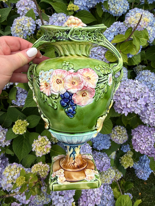 Live 6/22 Reserved SB - Stunning Majolica 10.5” Vase Turquoise Interior