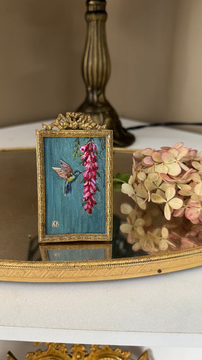 Day 15 Original oil painting hummingbird with wisteria antique French frame