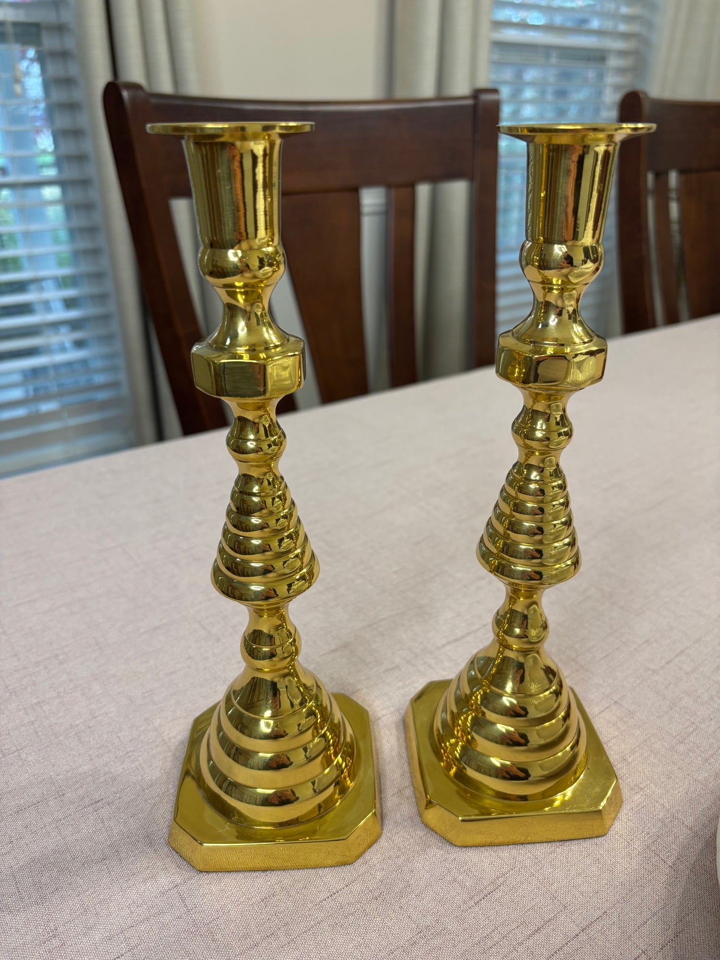 Gorgeous brass beehive style candlesticks pair!