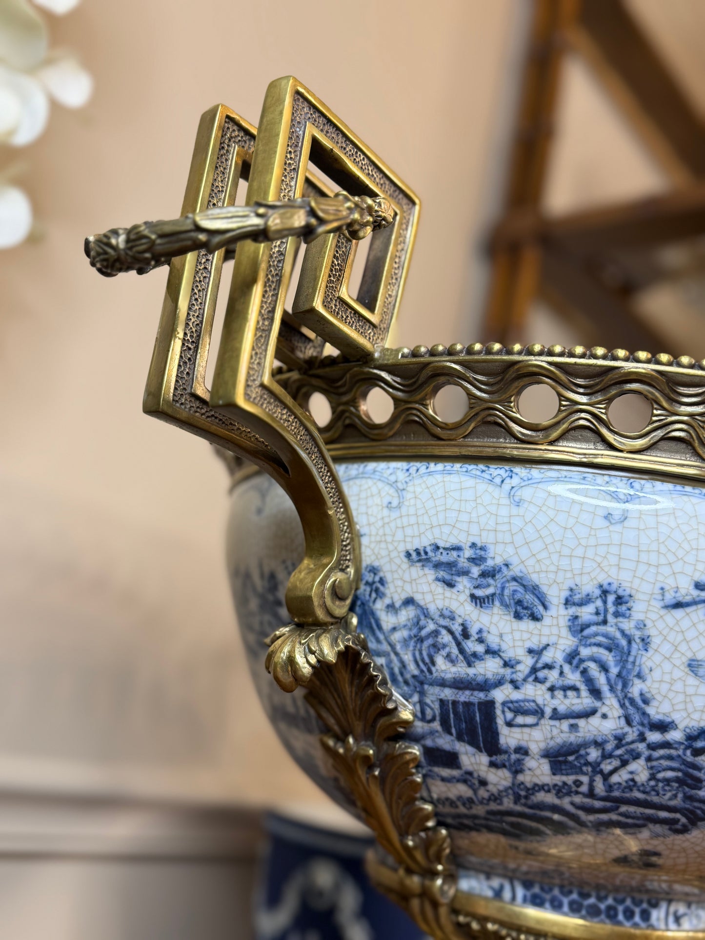 Danny's Fine Porcelain - X-Large Blue & White Basin W/ Bronze Ormolu, 23Lx16Wx17H