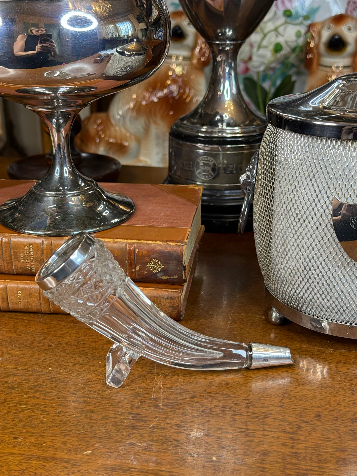 Antique Victorian Henry Bourne Cut Crystal Drinking Horn/ Bud Vase W/Sterling Silver Mounts, Birmingham England, c. 1890–1905 – 6.5”