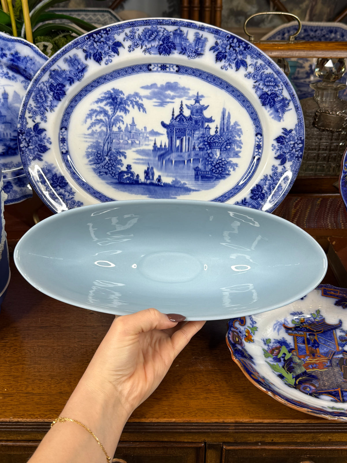 Wedgwood Embossed Queensware Ellipse Footed Bowl | Pale Blue & White | 12.5” L × 5” W × 5.75” H | #DA4581