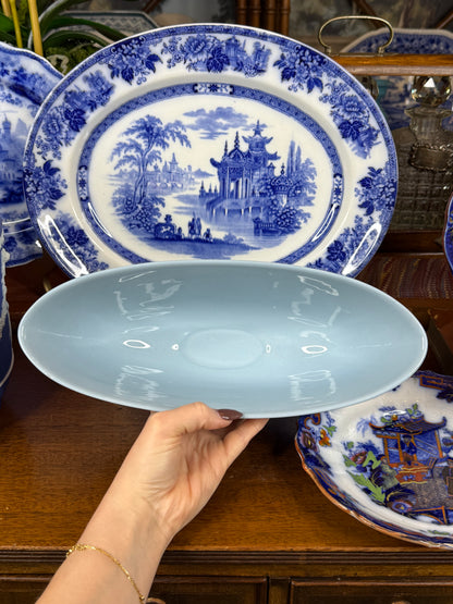 Wedgwood Embossed Queensware Ellipse Footed Bowl | Pale Blue & White | 12.5” L × 5” W × 5.75” H | #DA4581