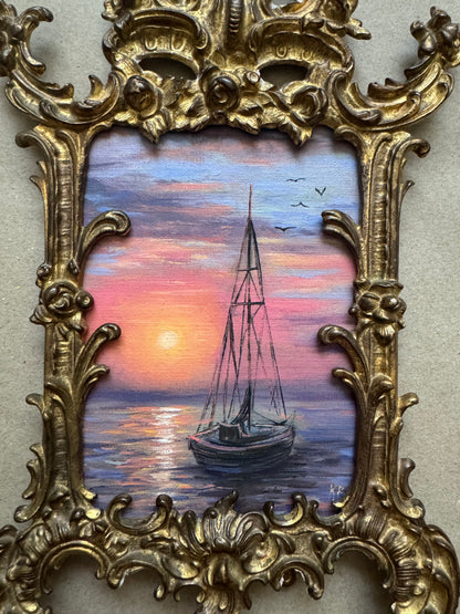 Original artwork seascape in antique brass frame 12x7”
