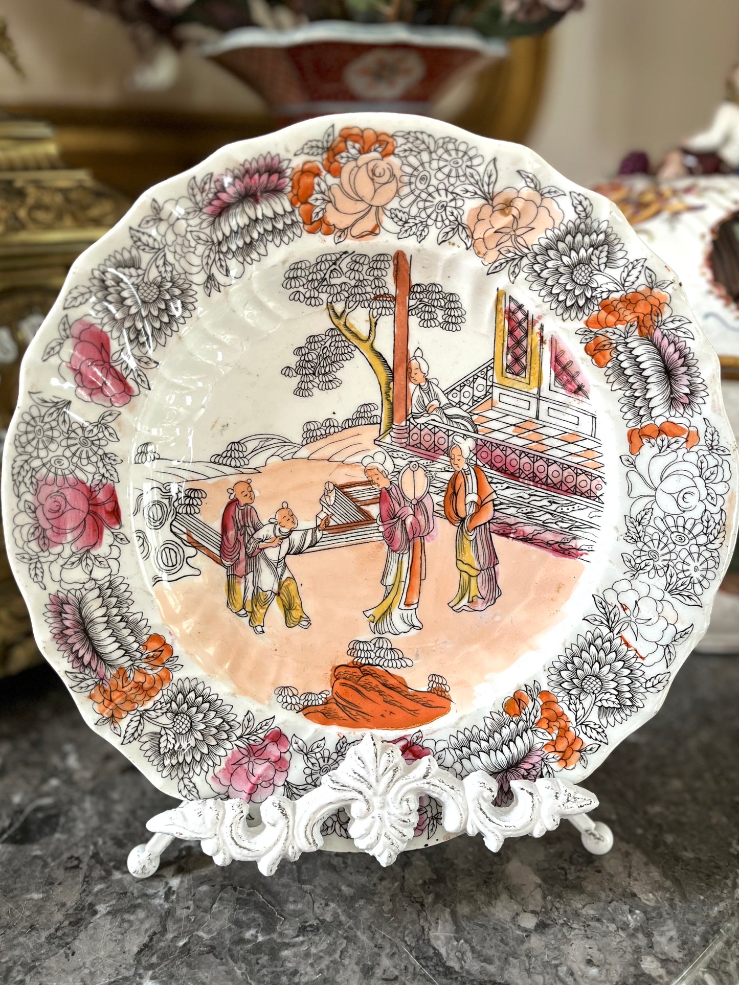 19th C. English Ironstone Chinoiserie Plate — Scalloped Rim, Continental-Style Crossed Mark” Early 1800’s Attributed to Mason’s