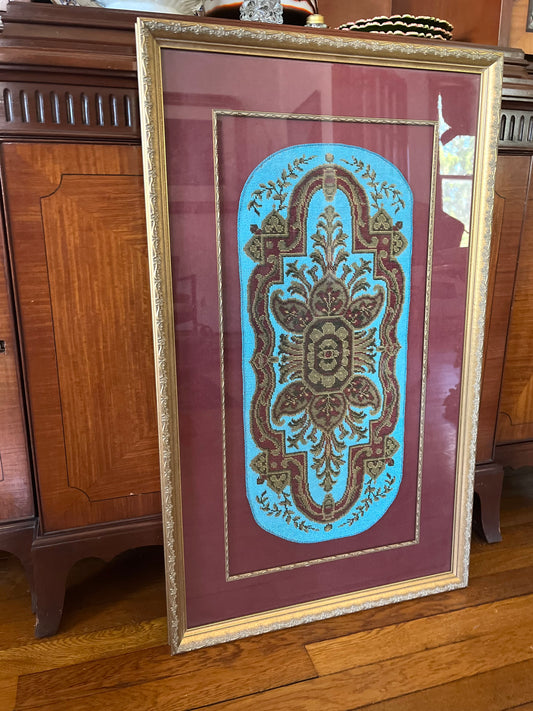 Framed Original Victorian Beadwork Panel in Custom Frame With Padded Silk Surround- Museum Glass