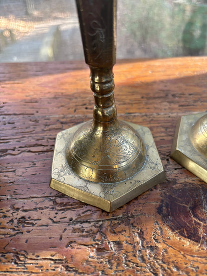 Beautiful pair of etched floral and leaves brass candlesticks!