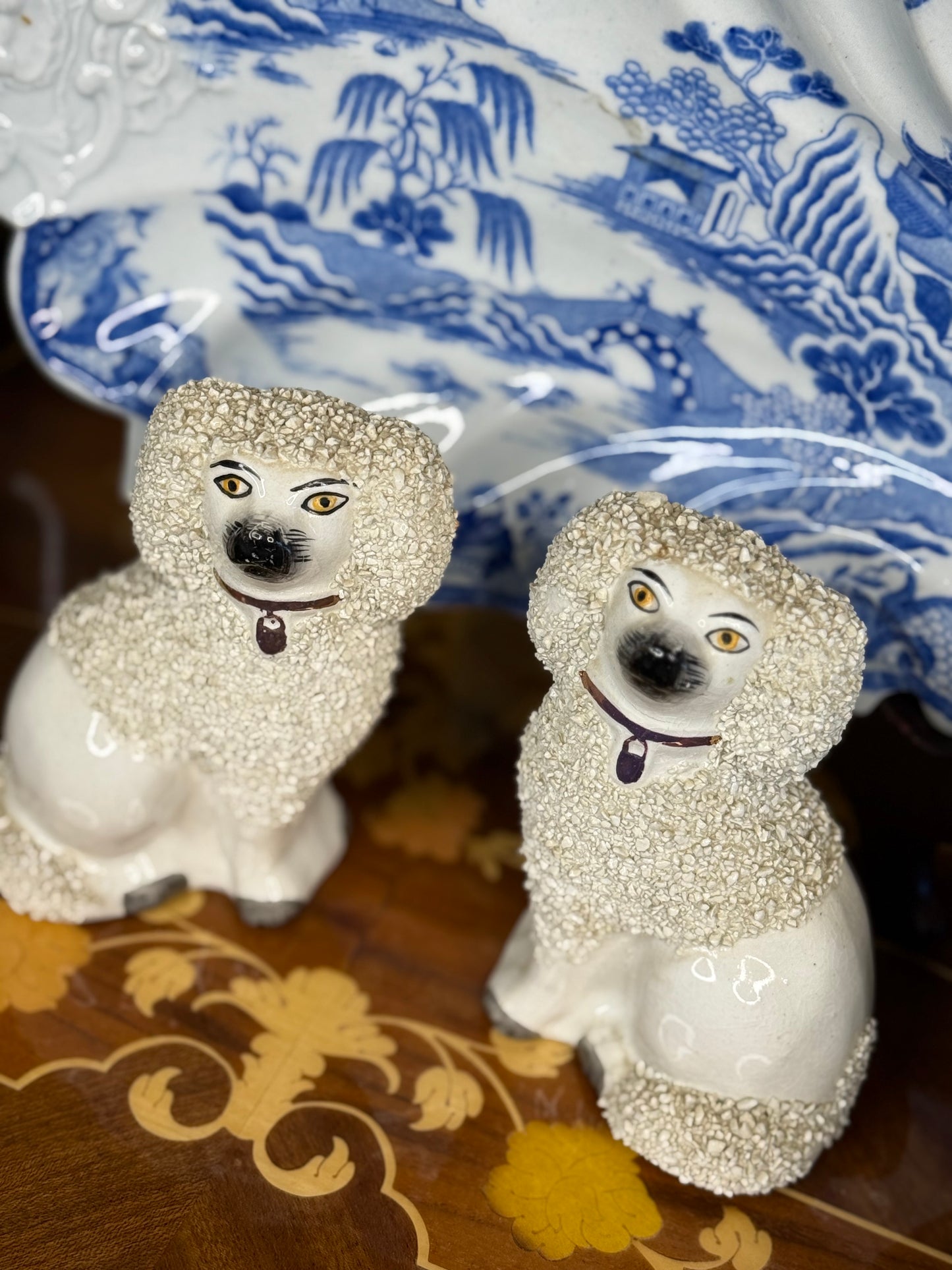 Pair of Sanded English Pottery Poodles 1920s, 4.5” Tall - Pristine!