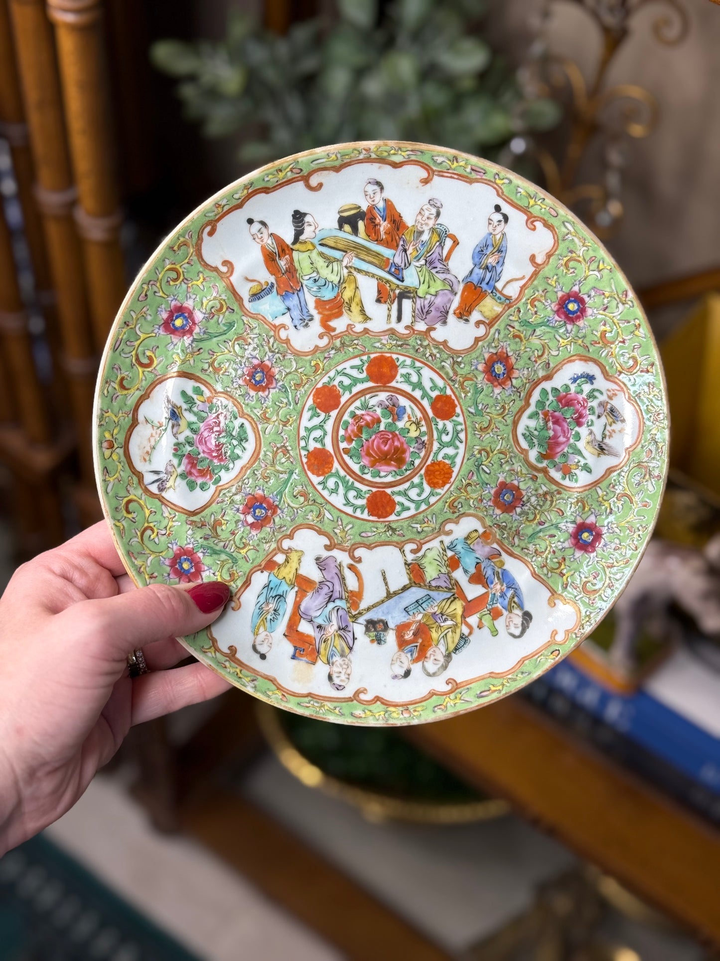 Antique Famille Jaune Canton Plate, 8.5” Porcelain, Circa 1850–1880