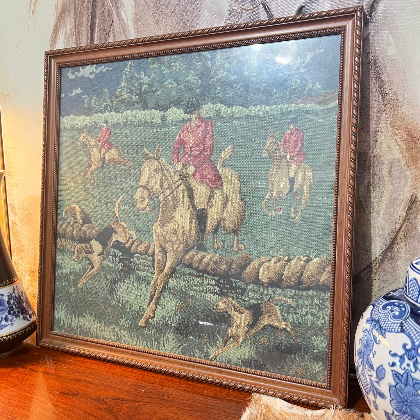 Gorgeous vintage fox hunting tapestry panel wooden framed 18.85”x 19”