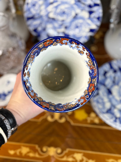 Antique English Imari-Style Vase | Blue, Rust & White Transferware | 10” Tall