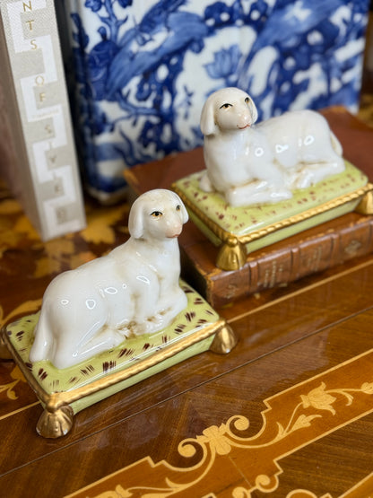 DANNY'S FINE PORCELAIN: 5x4x4 Ceramic Sheep/Lamb Bookends, Lime Gold Pillows
