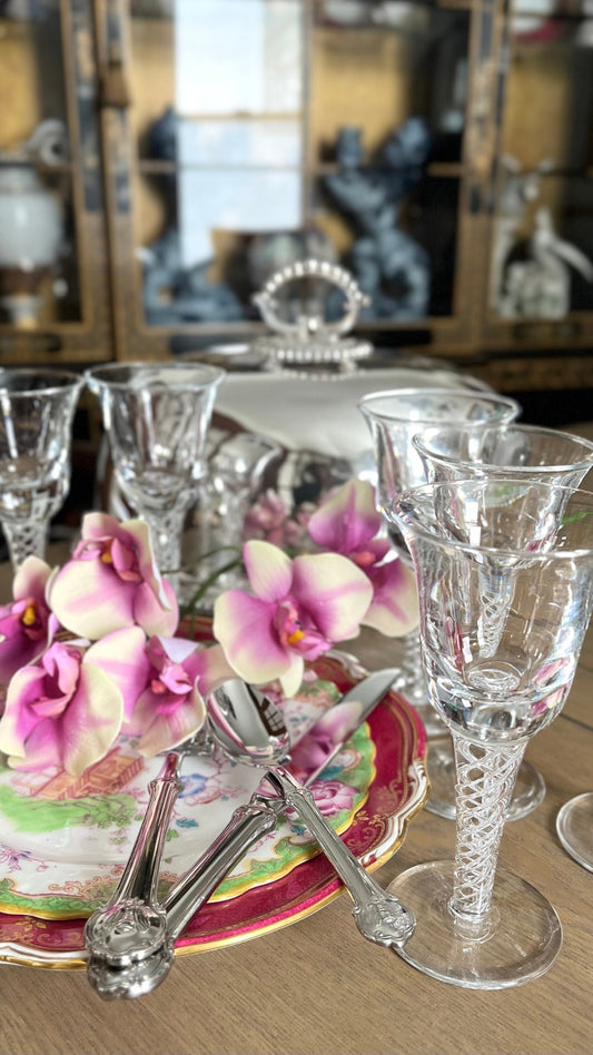 19th-Century Set of Six Air-Twist Stem Glasses — Antique Cut & Hand-Blown Elegance