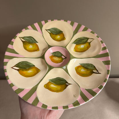 Lemon pink and green stripes oyster plate hand painted