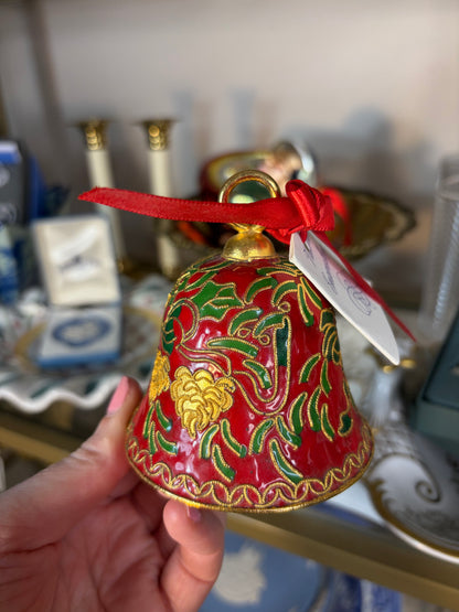 Cloisonné bell ornament with red ribbon and original tag!