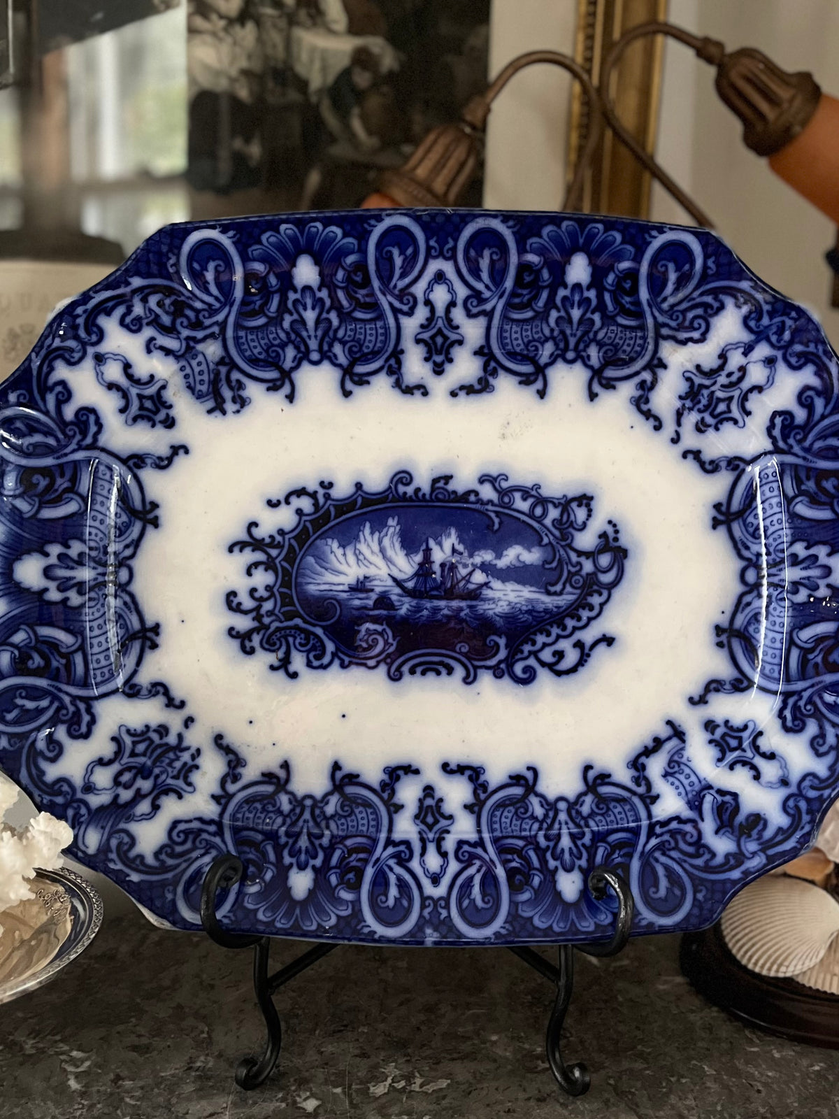 -RESVERED - ANGIEFIEND -  Live 09/22 Amazing Ship Medallion Flow Blue Platter Mid-Victorian Staffordshire Ironstone, c. 1845–1865