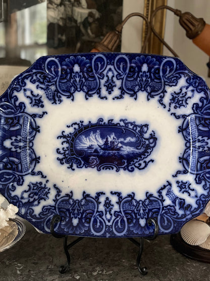 -RESVERED - ANGIEFIEND -  Live 09/22 Amazing Ship Medallion Flow Blue Platter Mid-Victorian Staffordshire Ironstone, c. 1845–1865
