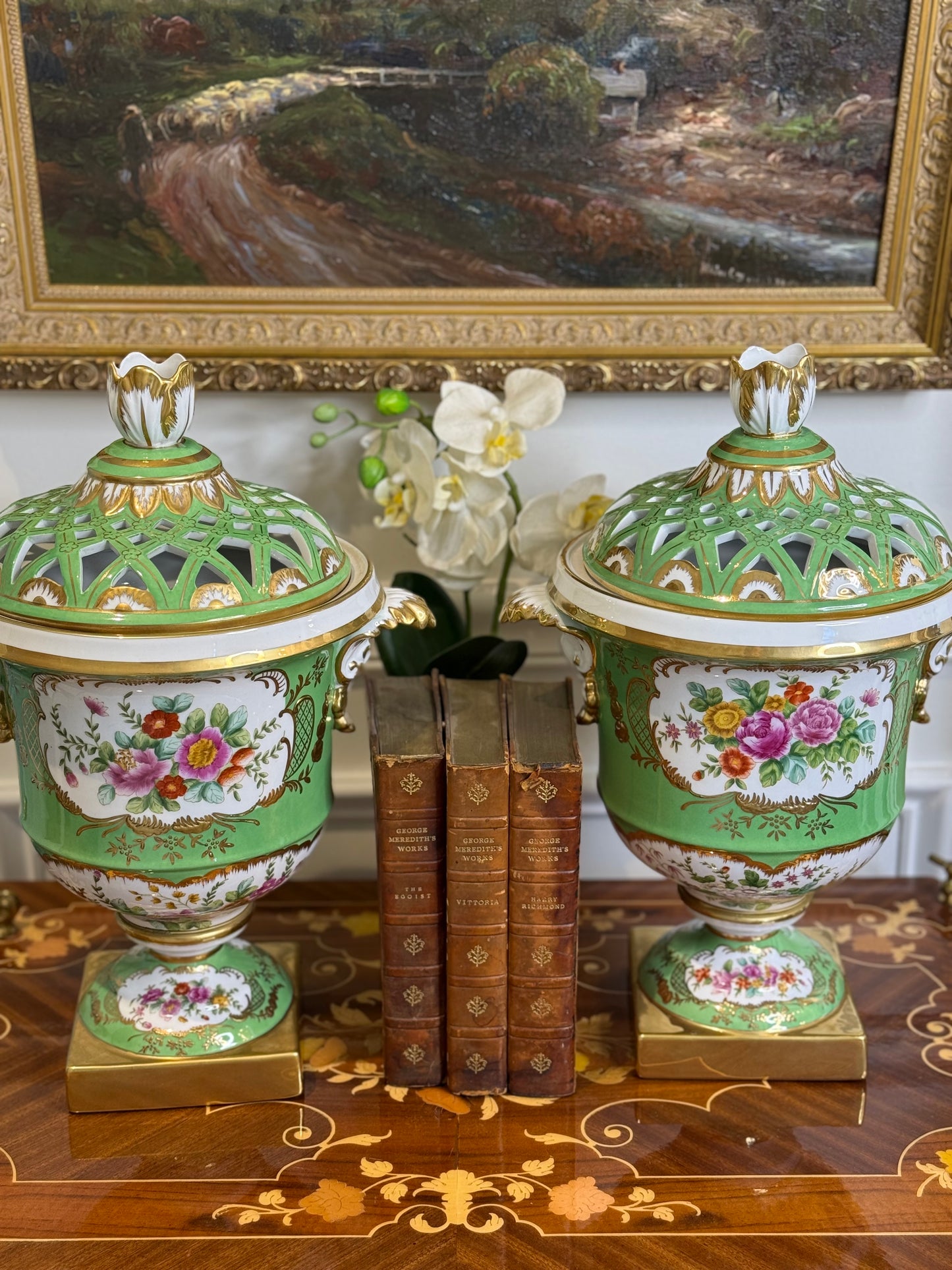 STUNNING - 16” Tall, Chelsea House Green Lattice Porcelain Urn Pair with Domed Covers & Finials