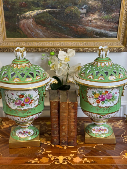 STUNNING - 16” Tall, Chelsea House Green Lattice Porcelain Urn Pair with Domed Covers & Finials