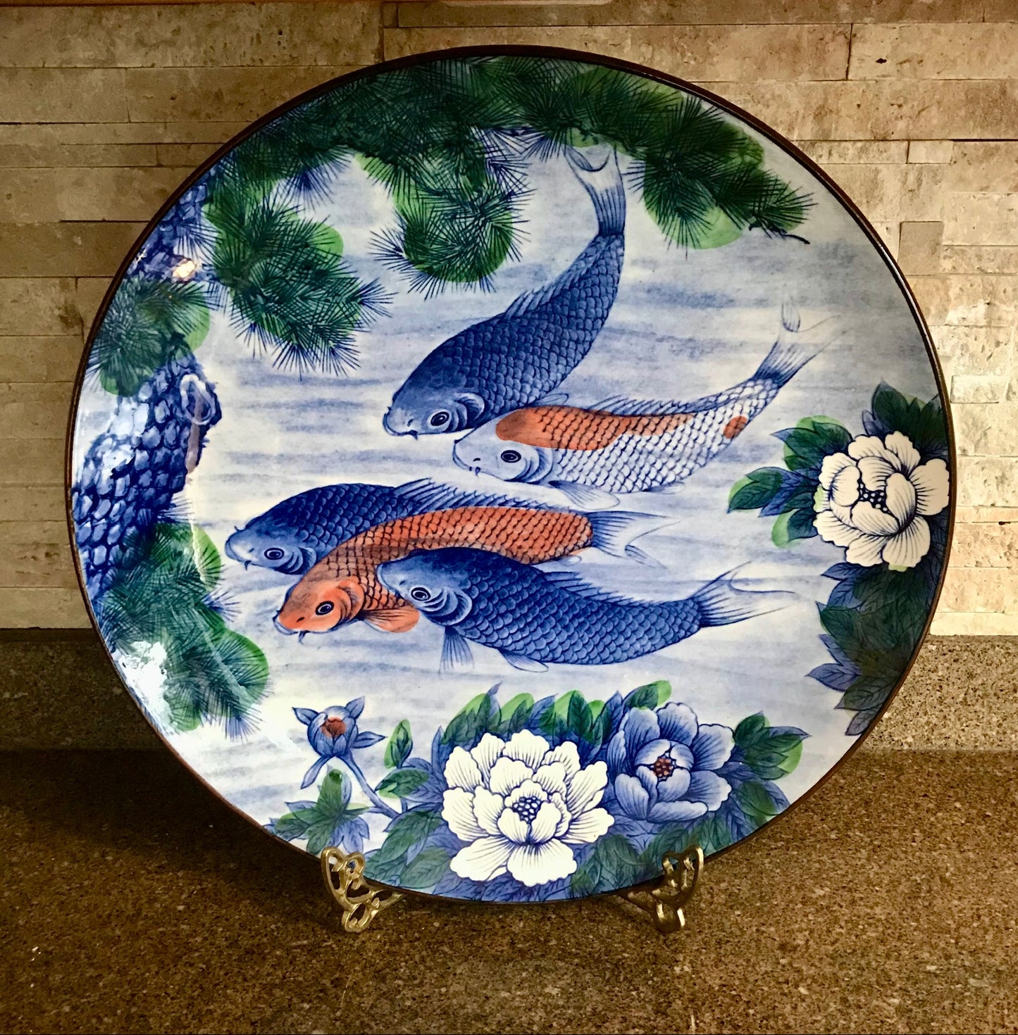 Massive Vintage chinoiserie koi fish  botanical blue & white large round platter. 15 in