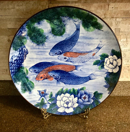Massive Vintage chinoiserie koi fish  botanical blue & white large round platter. 15 in