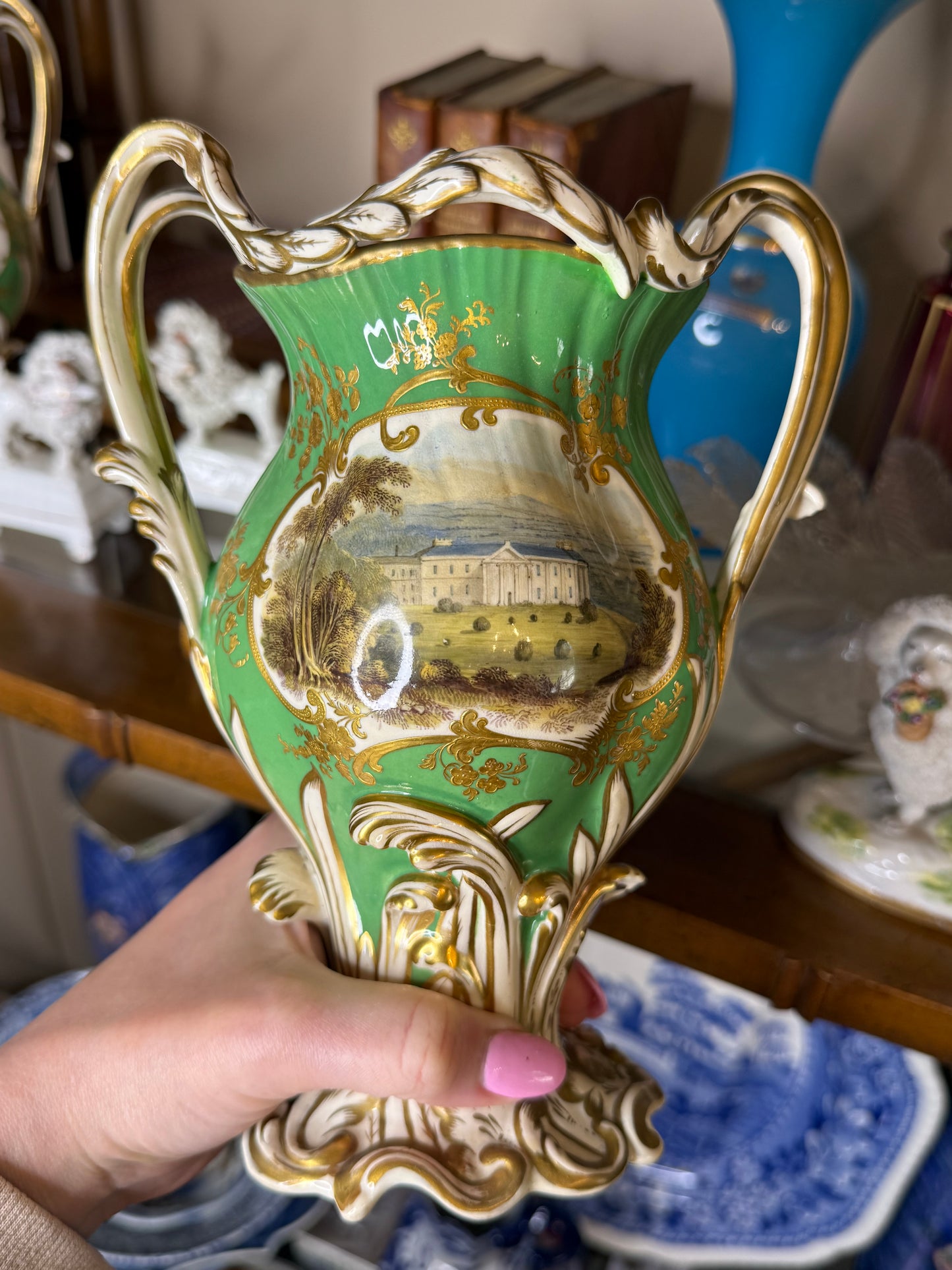 Antique Pair of H.R. Daniel Green Scenic Vases with Castles & Floral Decoration | Circa 1840 | 8.5"H x 6.5"W x 4" Base | Style DA4447