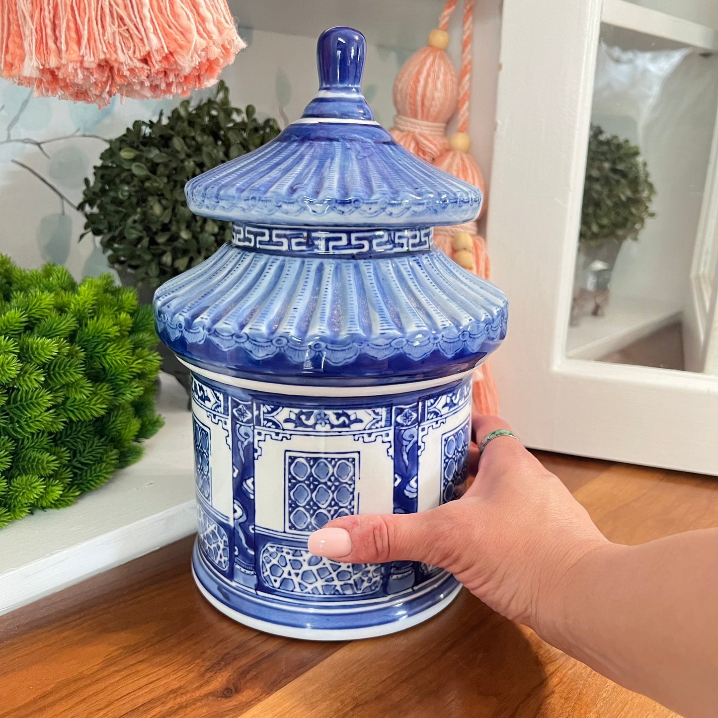 Beautiful Porcelain Pagoda White and Blue Lidded Jar