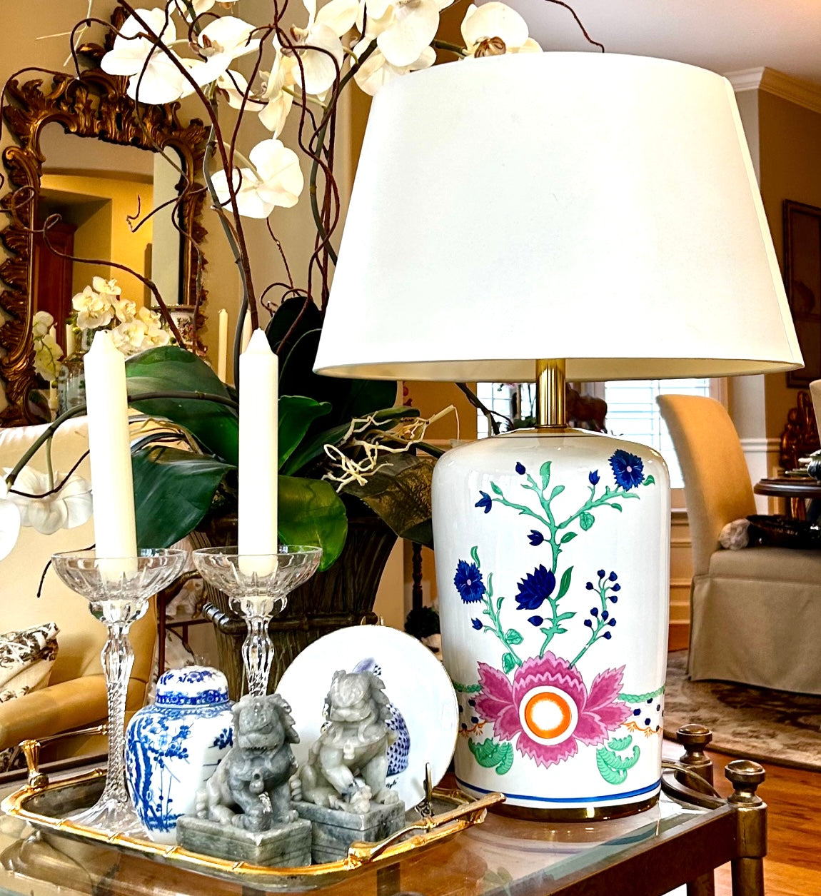 Chic twist on vintage porcelain tobacco leaf ginger jar lamp.
