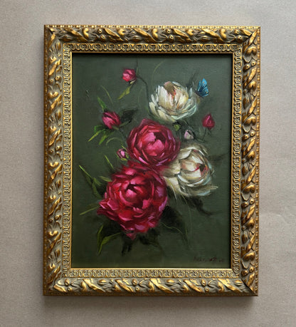 Live 06/09 bouquet of peonies blue butterfly original oil painting, 15x19"
