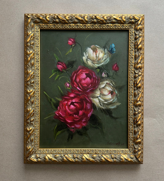 Live 06/09 bouquet of peonies blue butterfly original oil painting, 15x19"