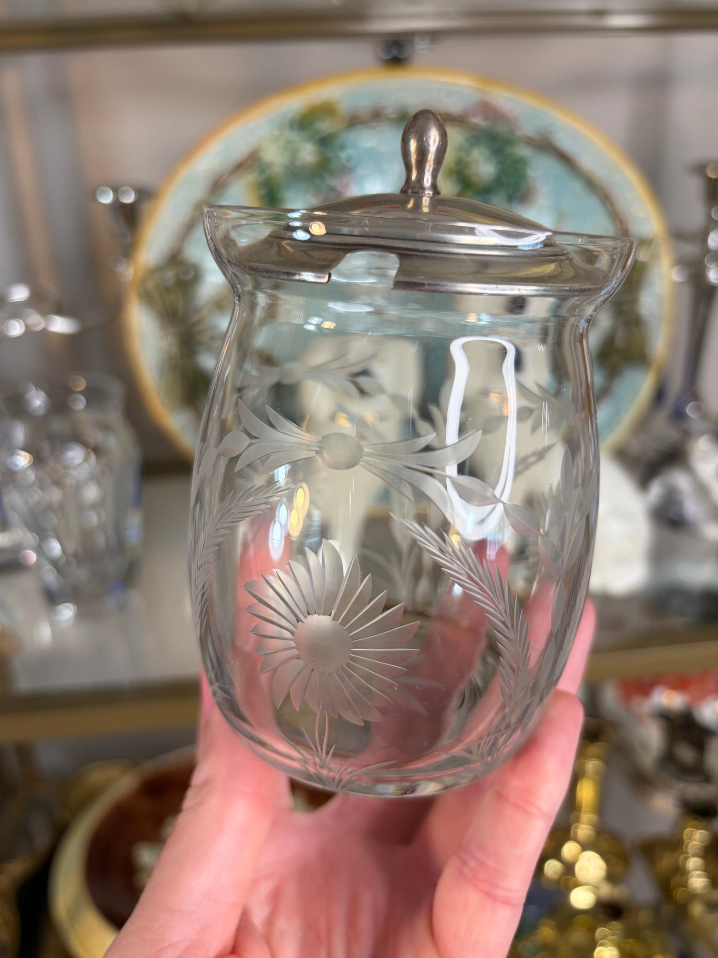 Beautiful Etched floral jar with sterling lid!