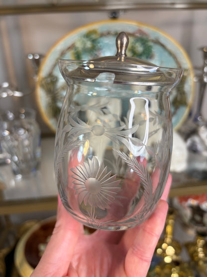 Beautiful Etched floral jar with sterling lid!