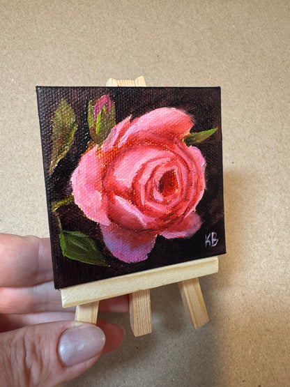 Live 06/19 mini art pink rose original oil paintings on stretched canvas 3x3”