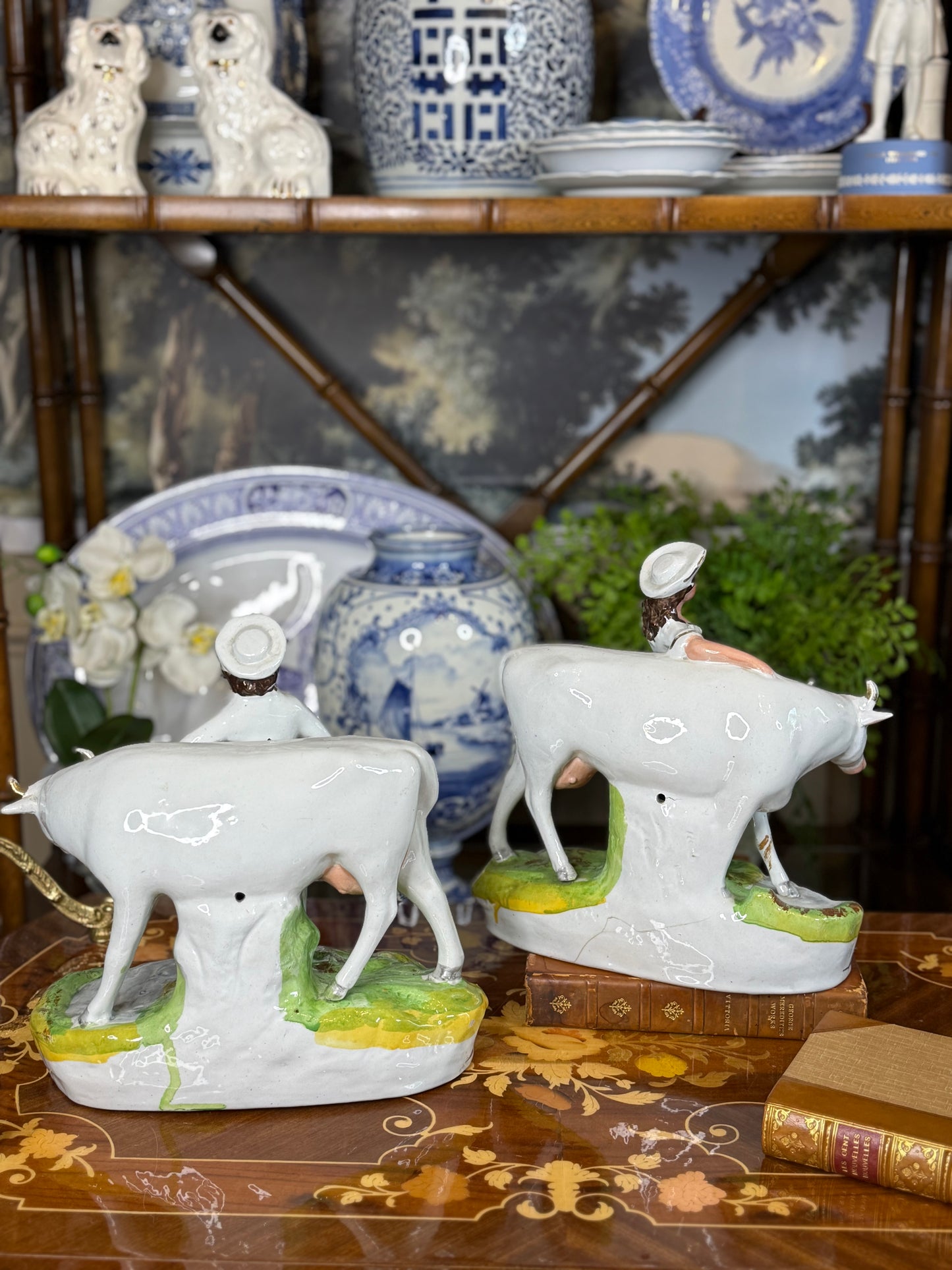 Antique Staffordshire Cow & Milkmaid Flatback Figures | Right & Left Pair | Victorian England | c.1860