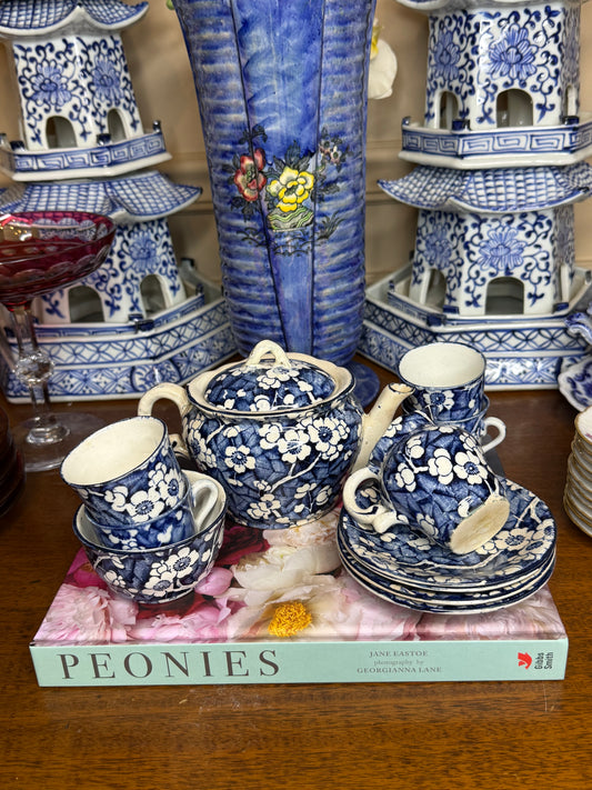 RESERVED - ANTIQUE CHILD'S TEA SET, BLUE CHERRY BLOSSOM