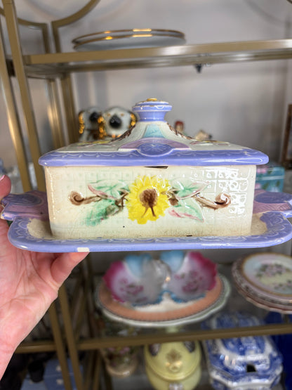 Antique Majolica Samuel Lear sunflower covered dish! As is!