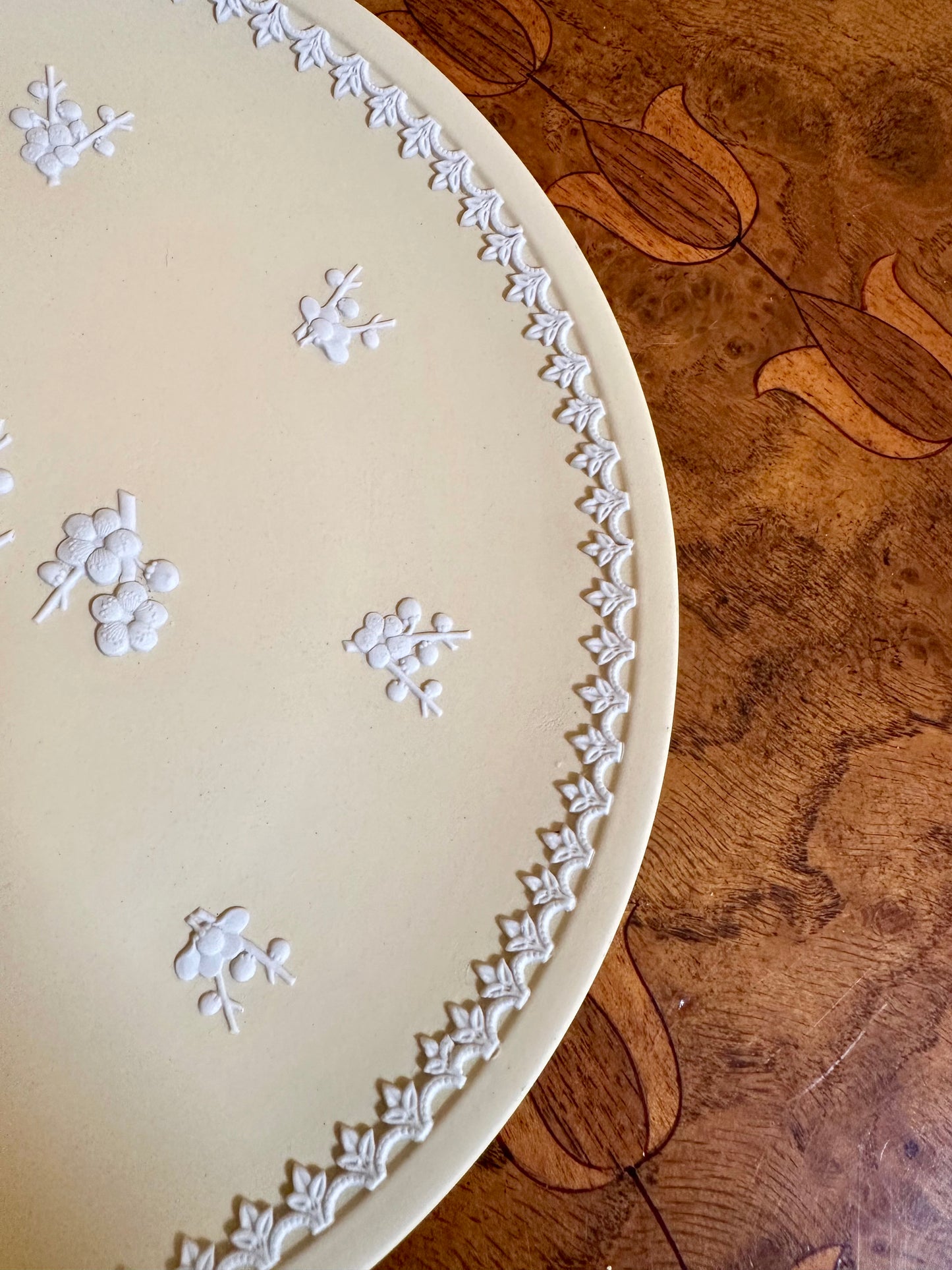 Wedgwood Jasperware Primrose Yellow Plate, Prunus Blossom Relief, England, 1970s