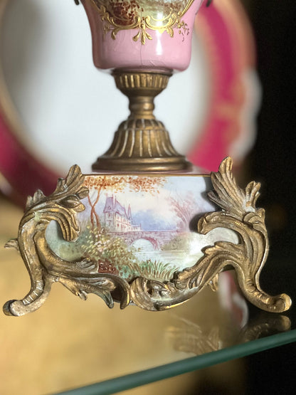 Antique French Sevres Style Porcelain & Bronze Ormolu Garniture Urns – Hand Painted Landscapes