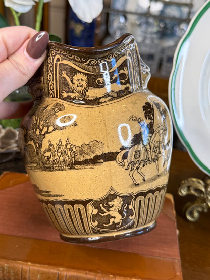 Antique Royal Doulton “Eglinton Tournament” Brown Transferware Equestrian Jug, Rd No. 408787, c.1904, 7” W x 5.5” H