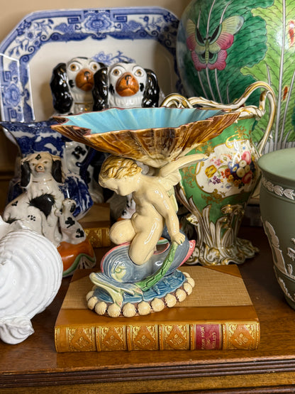 Antique Minton Majolica Cherub Sweetmeat Dish | Dolphin Shell Centerpiece | Victorian English Pottery c.1870 | Style #D251