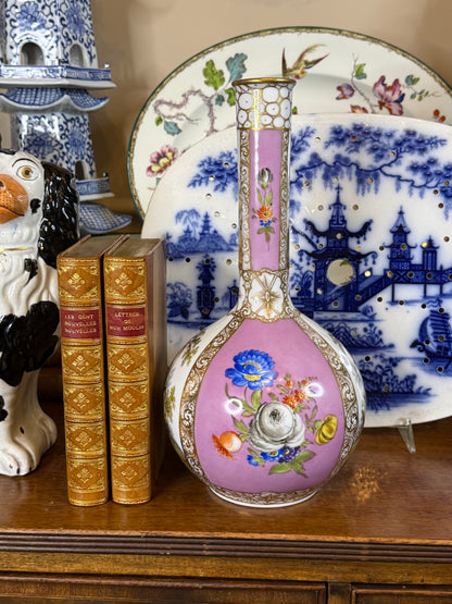 Antique Dresden Hand-Painted Cabinet Vase | Pink Ground & Gilt Porcelain | Romantic Scene | 9” Tall