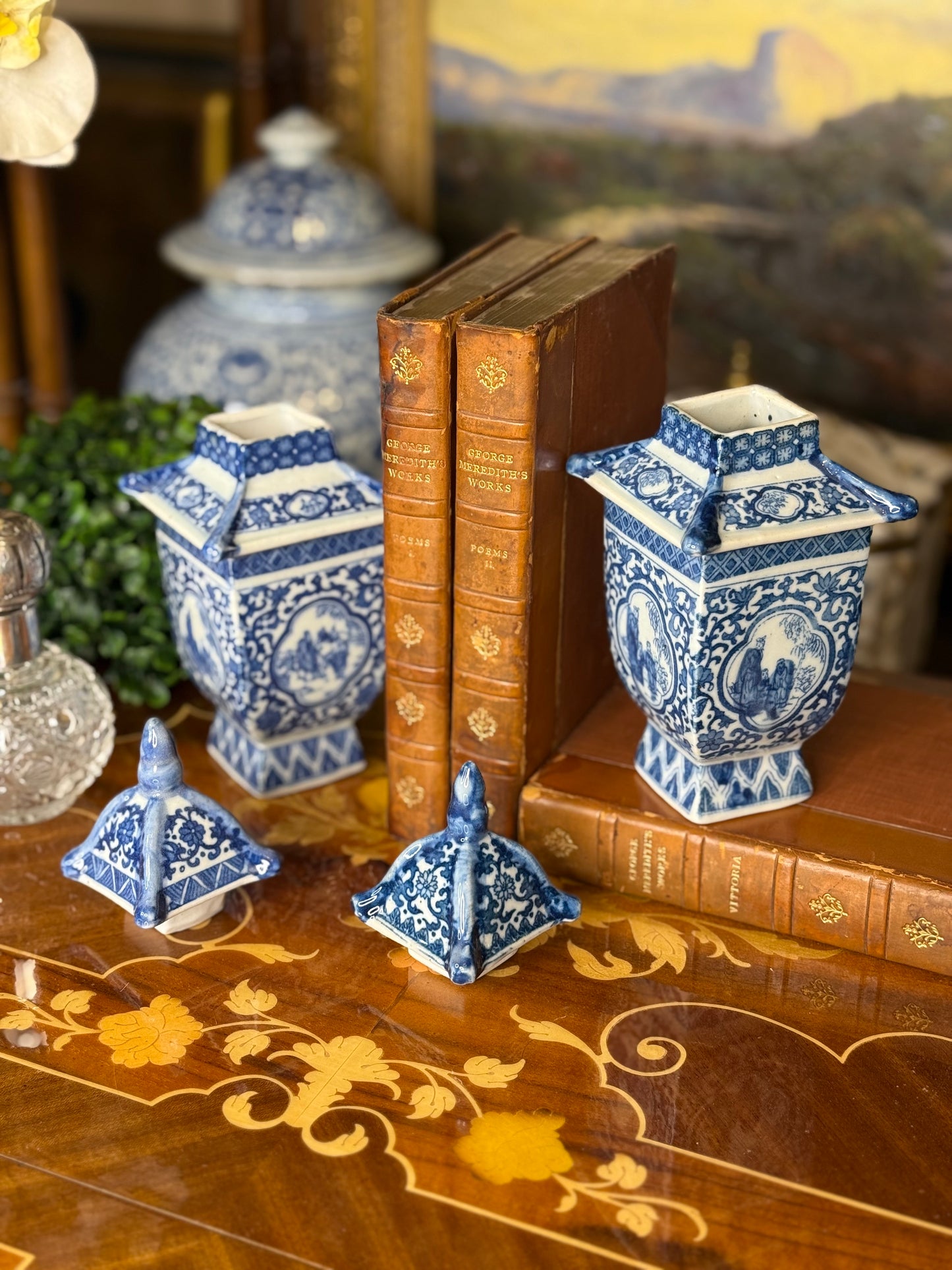 Danny's Fine Porcelain: Petite Blue & White Pagoda Lidded Jar – Courtyard Scene, 8” Tall